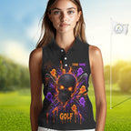 Personalized Spooky Halloween Sleeveless Golf Polo Shirt, Orange Purple Skull Dripping Slime Apparel