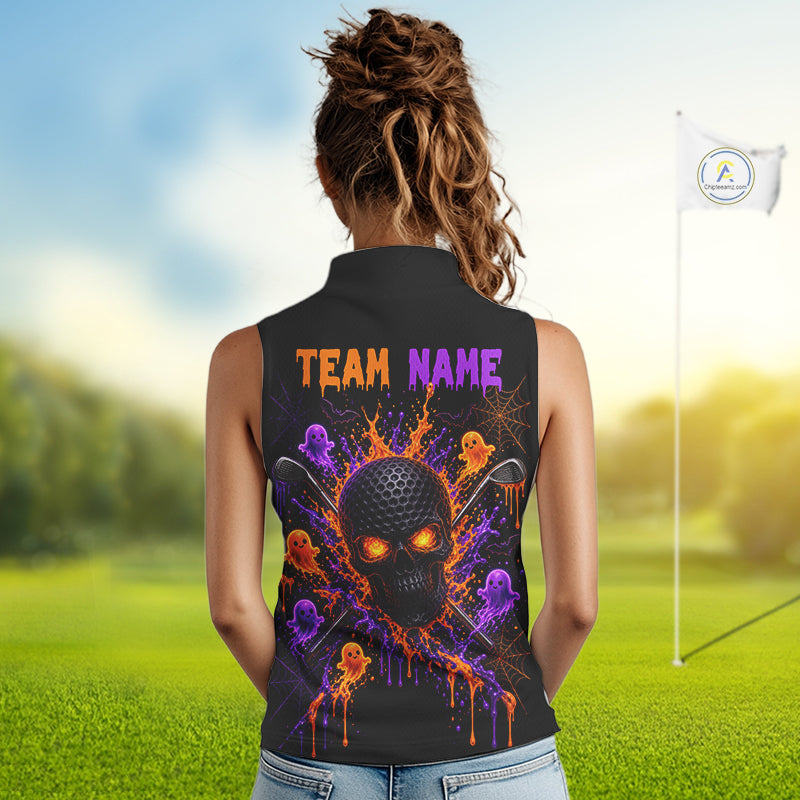 Personalized Spooky Halloween Sleeveless Golf Polo Shirt, Orange Purple Skull Dripping Slime Apparel