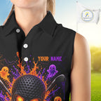 Personalized Spooky Halloween Sleeveless Golf Polo Shirt, Orange Purple Skull Dripping Slime Apparel