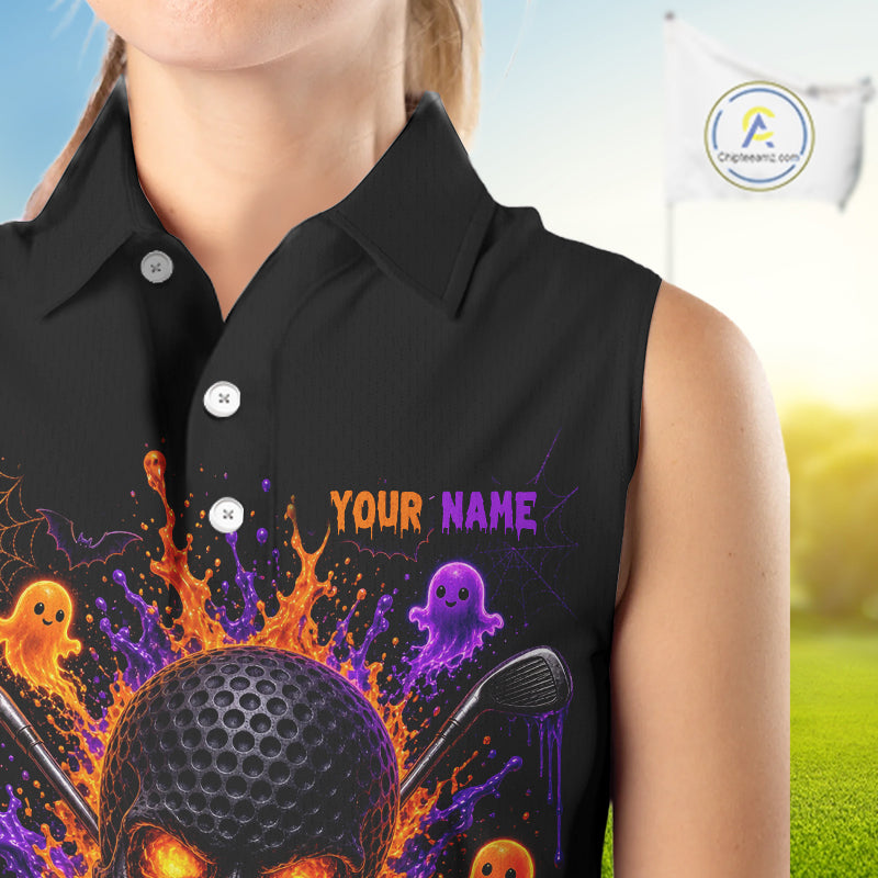 Personalized Spooky Halloween Sleeveless Golf Polo Shirt, Orange Purple Skull Dripping Slime Apparel