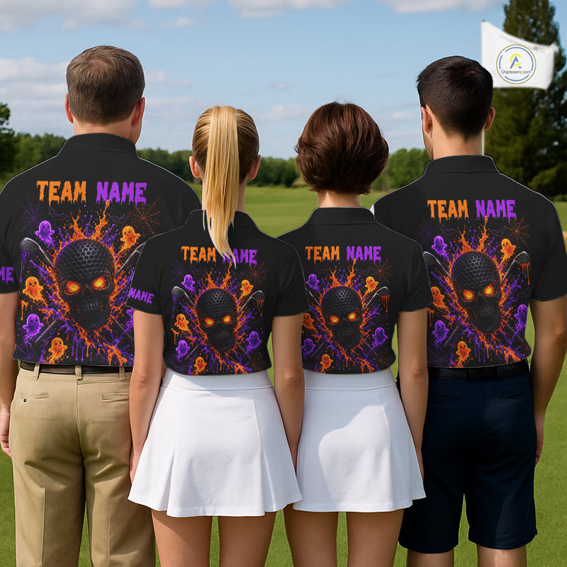 Personalized Spooky Halloween Golf Polo Shirt, Orange Purple Skull Dripping Slime Apparel
