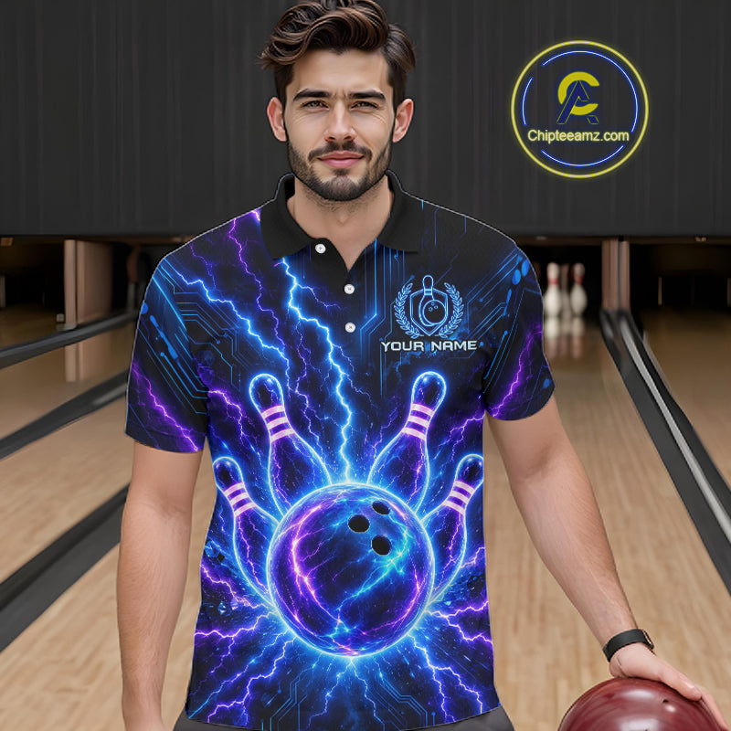 Electric Circuit Lightning Tournament Polo Shirt Custom Name, Personalized Bowling Team Shirts