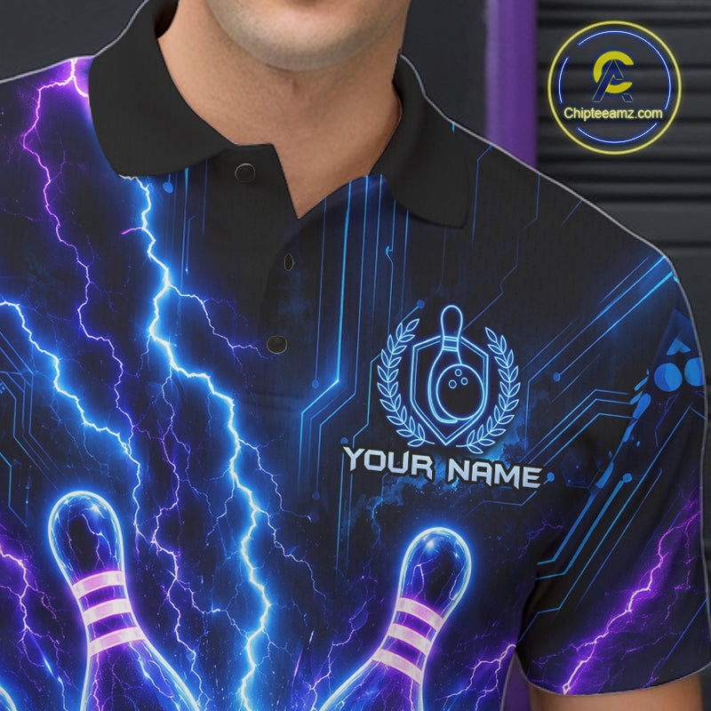Electric Circuit Lightning Tournament Polo Shirt Custom Name, Personalized Bowling Team Shirts
