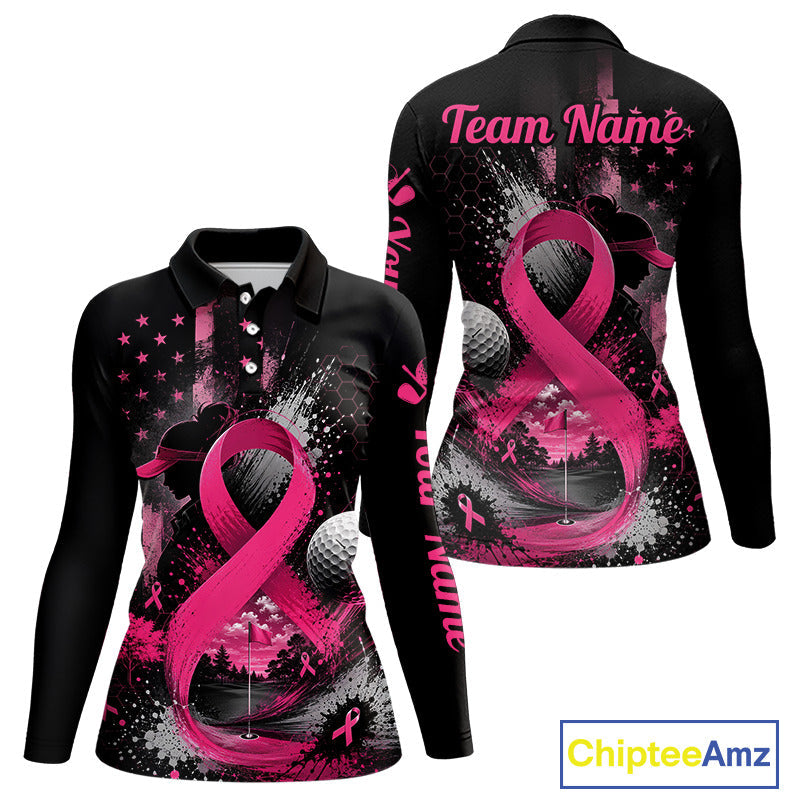 Pink Ribbon Golf Polo Shirt Breast Cancer Awareness Personalized Custom Name