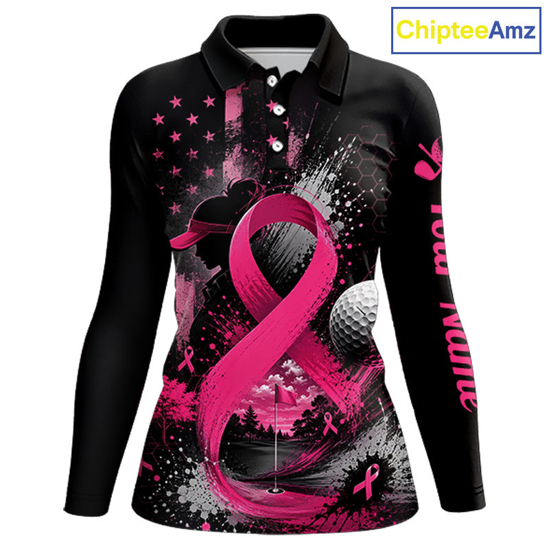 Pink Ribbon Golf Polo Shirt Breast Cancer Awareness Personalized Custom Name