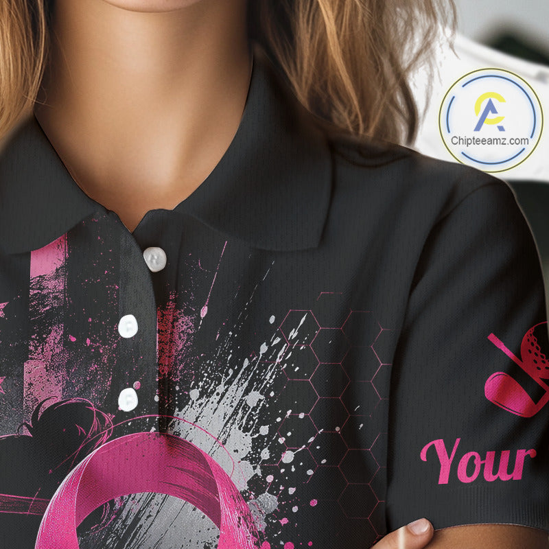 Pink Ribbon Golf Polo Shirt Breast Cancer Awareness Personalized Custom Name