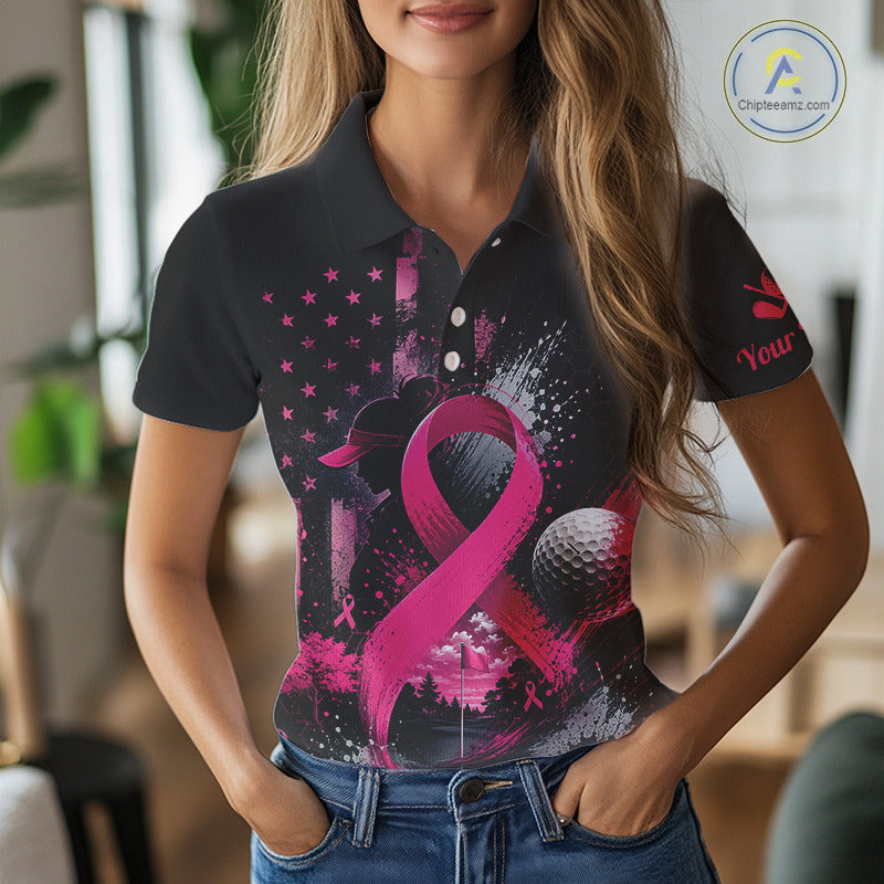 Pink Ribbon Golf Polo Shirt Breast Cancer Awareness Personalized Custom Name