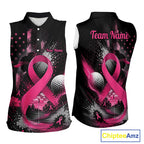 Pink Ribbon Sleeveless Golf Polo Shirt Breast Cancer Awareness Personalized Custom Name