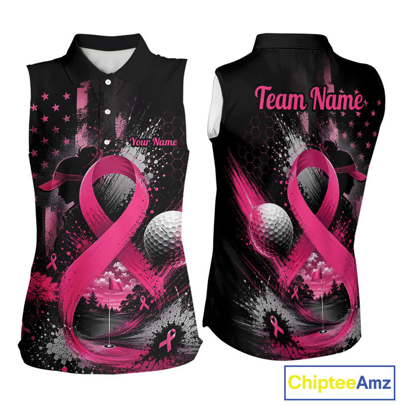 Pink Ribbon Sleeveless Golf Polo Shirt Breast Cancer Awareness Personalized Custom Name