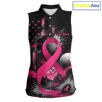 Pink Ribbon Sleeveless Golf Polo Shirt Breast Cancer Awareness Personalized Custom Name