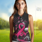 Pink Ribbon Sleeveless Golf Polo Shirt Breast Cancer Awareness Personalized Custom Name