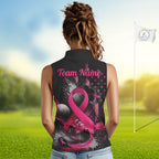 Pink Ribbon Sleeveless Golf Polo Shirt Breast Cancer Awareness Personalized Custom Name