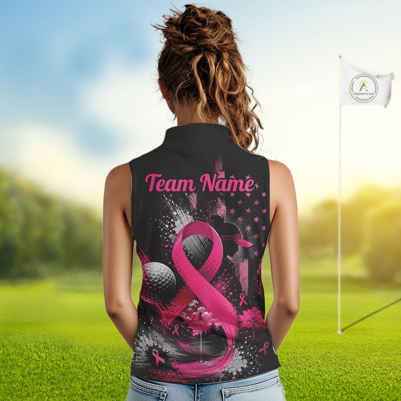 Pink Ribbon Sleeveless Golf Polo Shirt Breast Cancer Awareness Personalized Custom Name