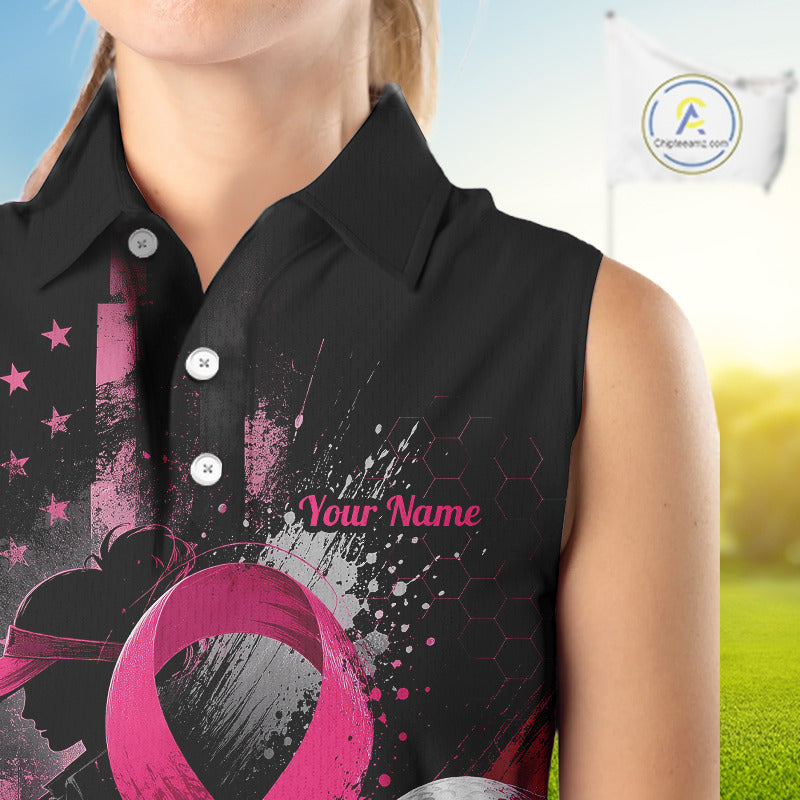 Pink Ribbon Sleeveless Golf Polo Shirt Breast Cancer Awareness Personalized Custom Name