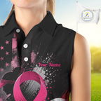 Pink Ribbon Sleeveless Golf Polo Shirt Breast Cancer Awareness Personalized Custom Name