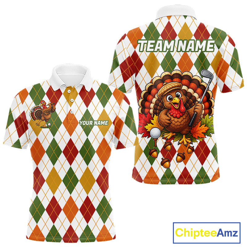 Turkey Golf Shirt Thanksgiving Argyle Golf Shirt, Custom Name Team Golf Top