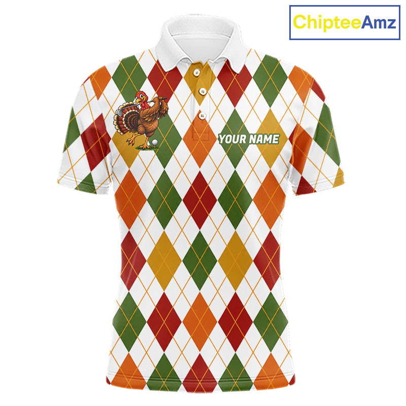 Turkey Golf Shirt Thanksgiving Argyle Golf Shirt, Custom Name Team Golf Top