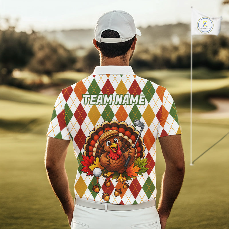 Turkey Golf Shirt Thanksgiving Argyle Golf Shirt, Custom Name Team Golf Top
