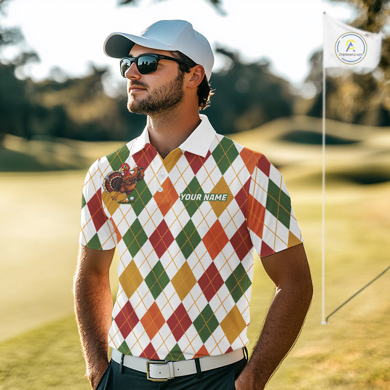 Turkey Golf Shirt Thanksgiving Argyle Golf Shirt, Custom Name Team Golf Top
