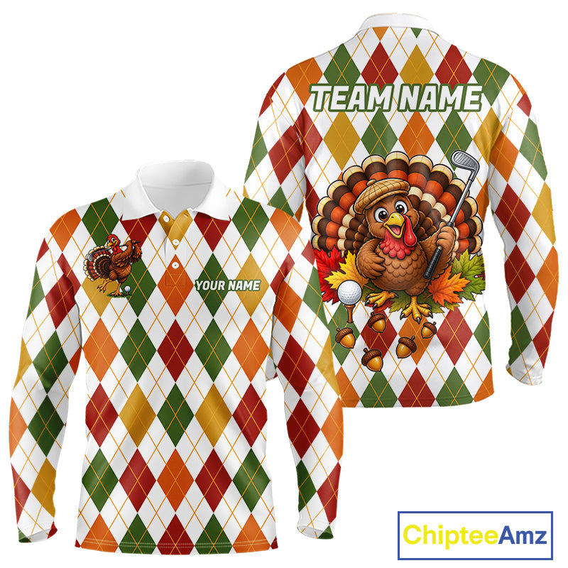 Turkey Golf Shirt Thanksgiving Argyle Golf Shirt, Custom Name Team Golf Top