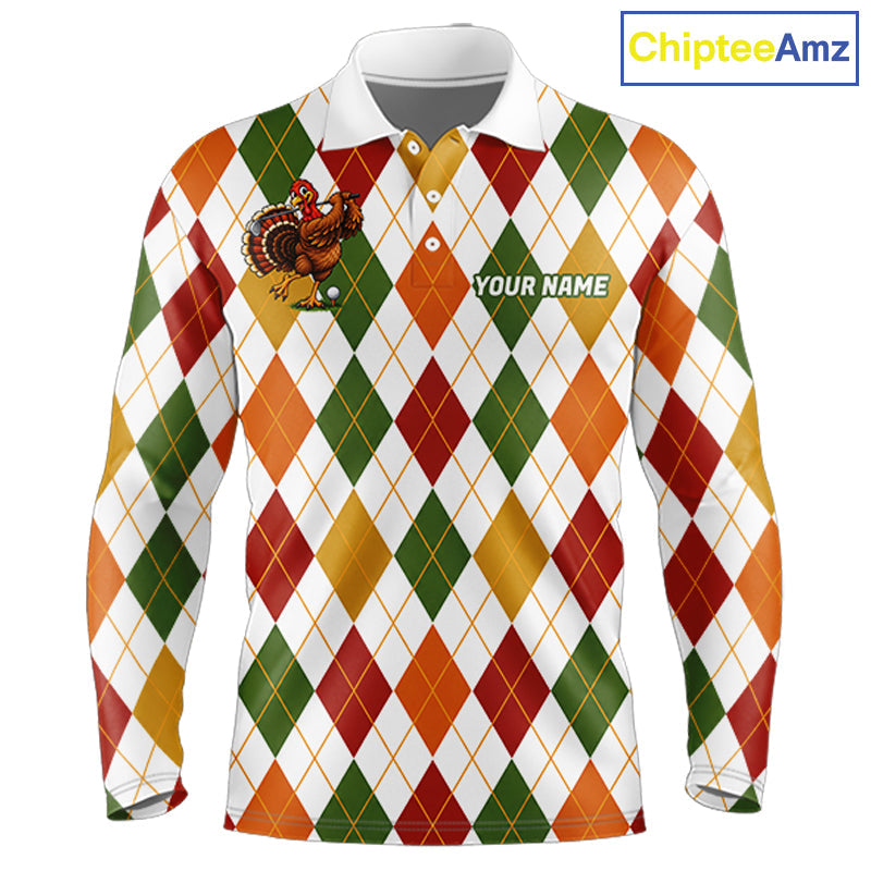 Turkey Golf Shirt Thanksgiving Argyle Golf Shirt, Custom Name Team Golf Top