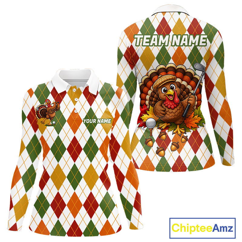 Turkey Golf Shirt Thanksgiving Argyle Golf Shirt, Custom Name Team Golf Top