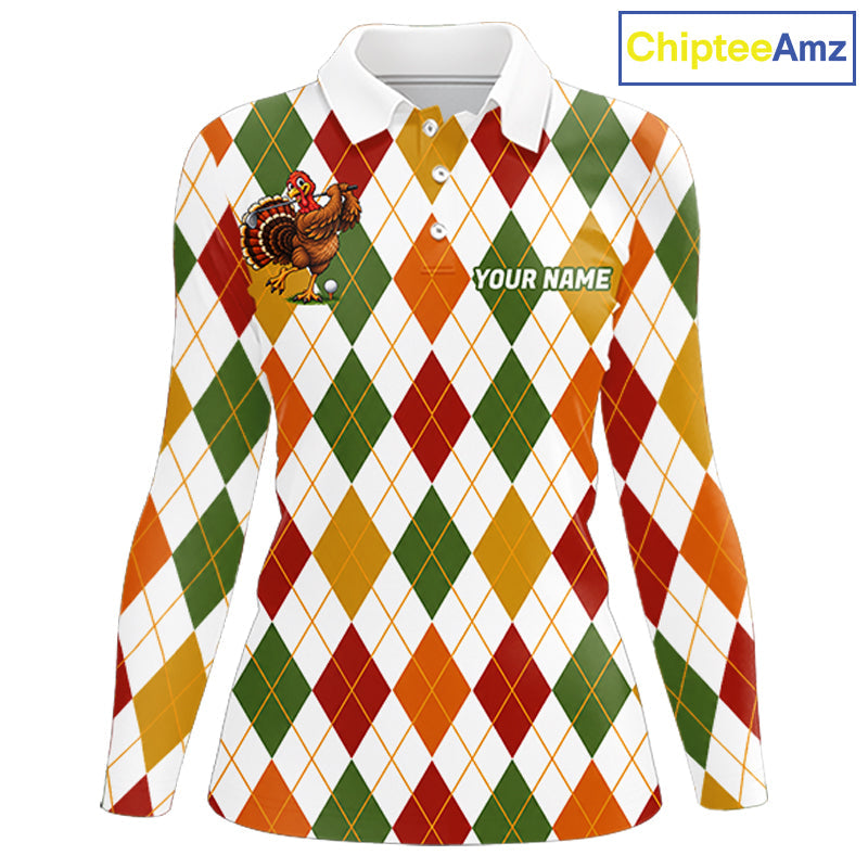 Turkey Golf Shirt Thanksgiving Argyle Golf Shirt, Custom Name Team Golf Top