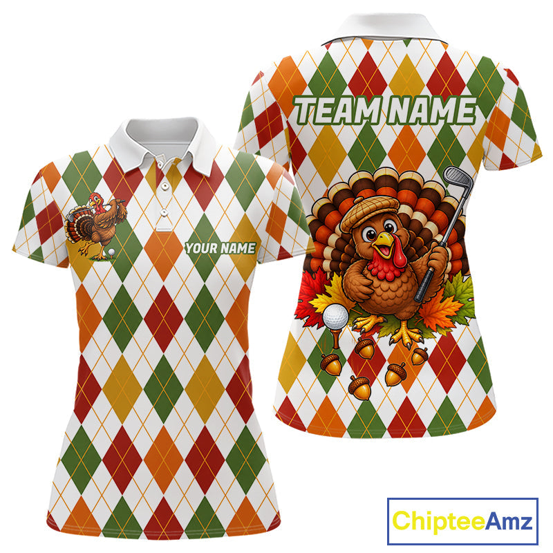 Turkey Golf Shirt Thanksgiving Argyle Golf Shirt, Custom Name Team Golf Top