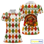 Turkey Golf Shirt Thanksgiving Argyle Golf Shirt, Custom Name Team Golf Top