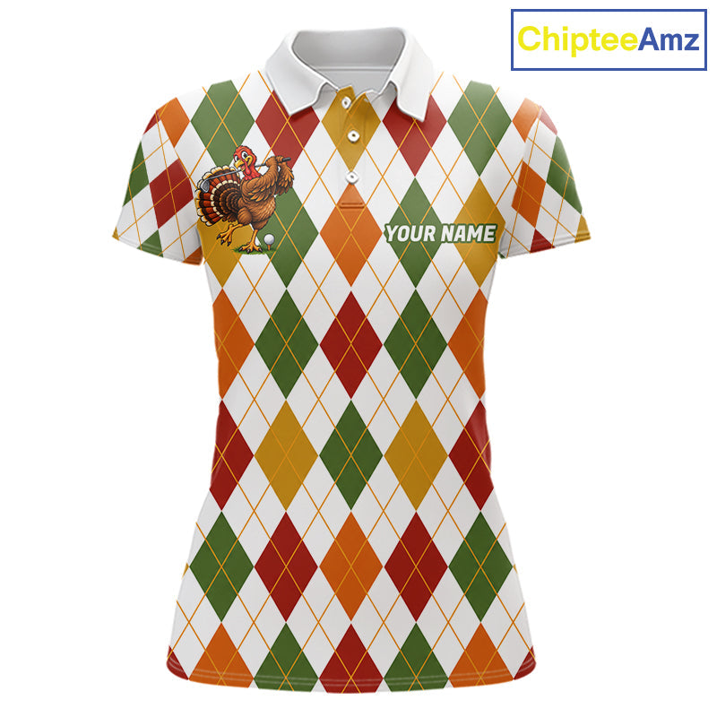 Turkey Golf Shirt Thanksgiving Argyle Golf Shirt, Custom Name Team Golf Top