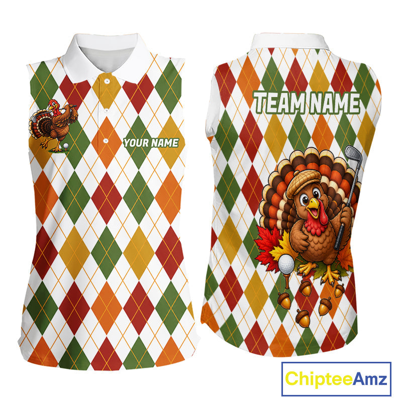 Turkey Sleeveless Golf Shirt Thanksgiving Argyle Golf Shirt, Custom Name Team Golf Top