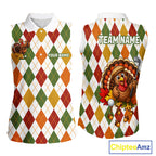 Turkey Sleeveless Golf Shirt Thanksgiving Argyle Golf Shirt, Custom Name Team Golf Top