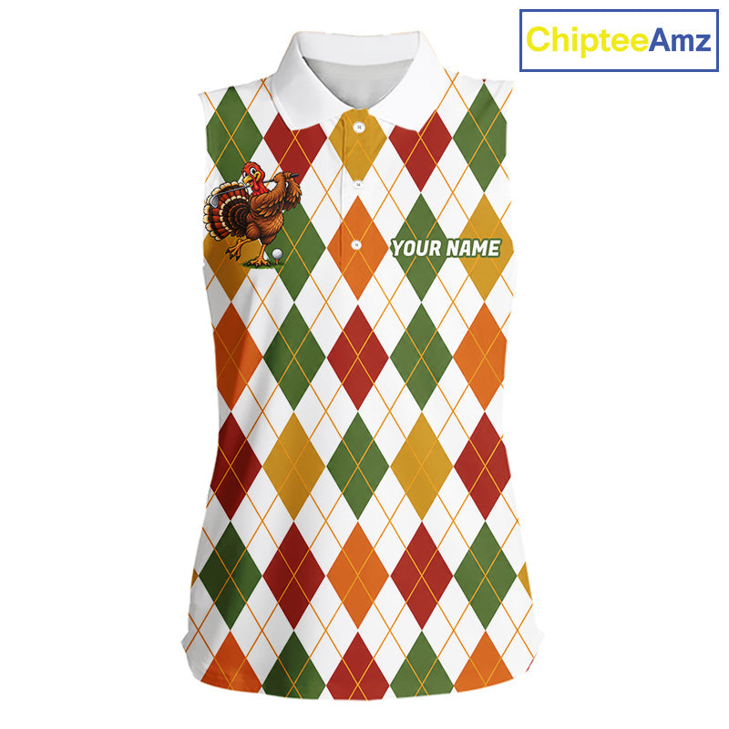 Turkey Sleeveless Golf Shirt Thanksgiving Argyle Golf Shirt, Custom Name Team Golf Top