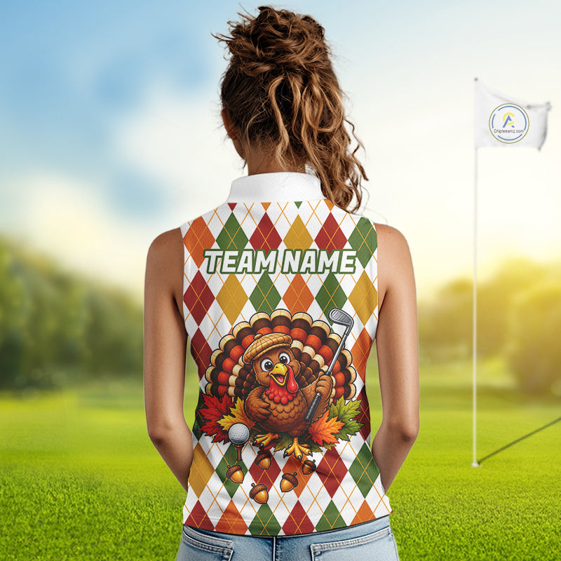 Turkey Sleeveless Golf Shirt Thanksgiving Argyle Golf Shirt, Custom Name Team Golf Top