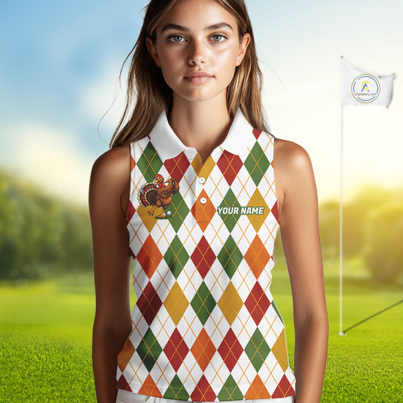 Turkey Sleeveless Golf Shirt Thanksgiving Argyle Golf Shirt, Custom Name Team Golf Top