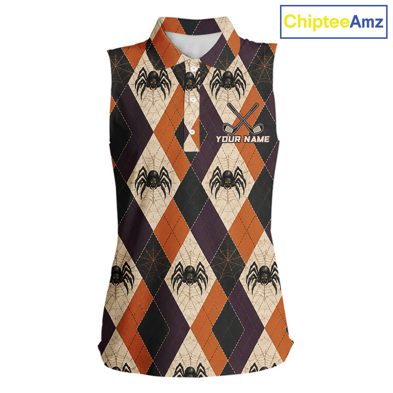 Halloween Spider Sleeveless Golf Polo Shirt Custom Name Personalized Team Argyle Golf Jersey