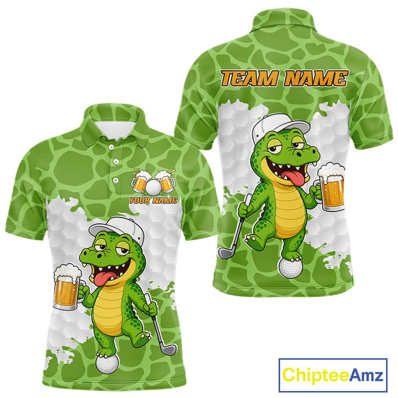 Custom Funny Alligator Drinking Beer Golf Polo Shirt Personalized Team Uniform