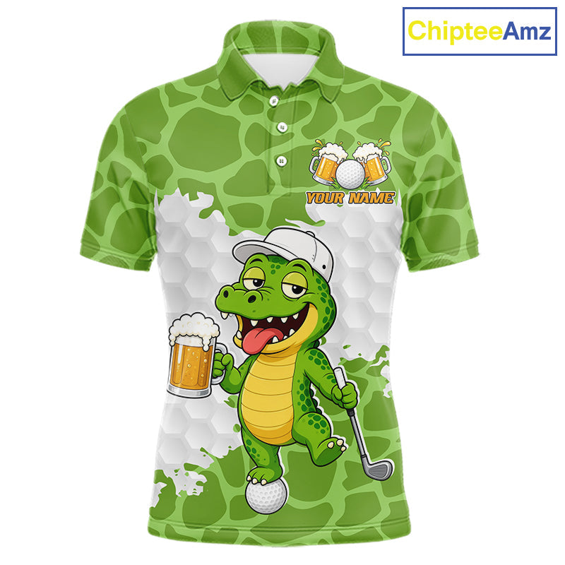 Custom Funny Alligator Drinking Beer Golf Polo Shirt Personalized Team Uniform