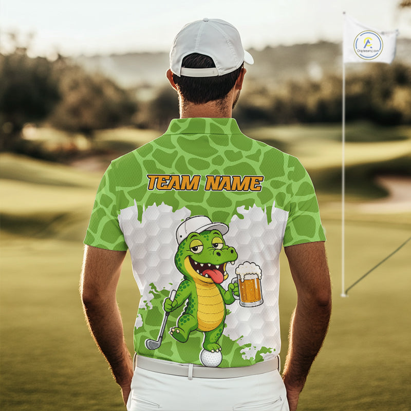 Custom Funny Alligator Drinking Beer Golf Polo Shirt Personalized Team Uniform