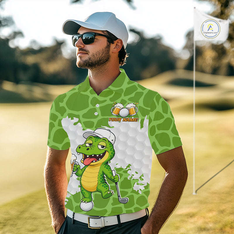 Custom Funny Alligator Drinking Beer Golf Polo Shirt Personalized Team Uniform