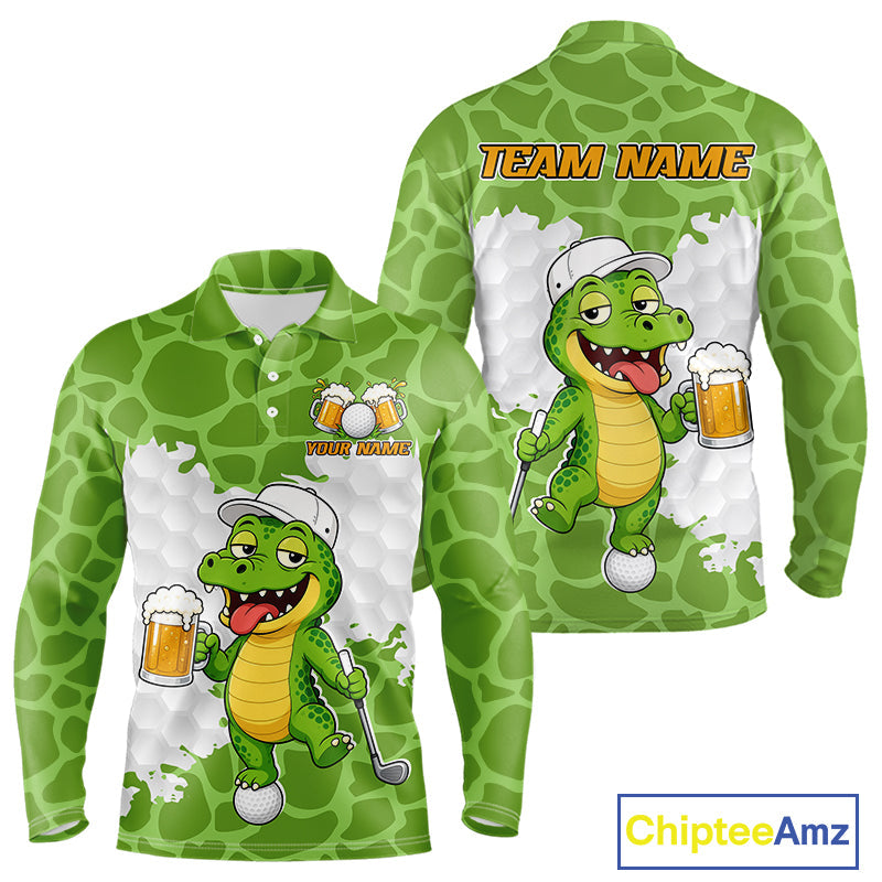 Custom Funny Alligator Drinking Beer Golf Polo Shirt Personalized Team Uniform