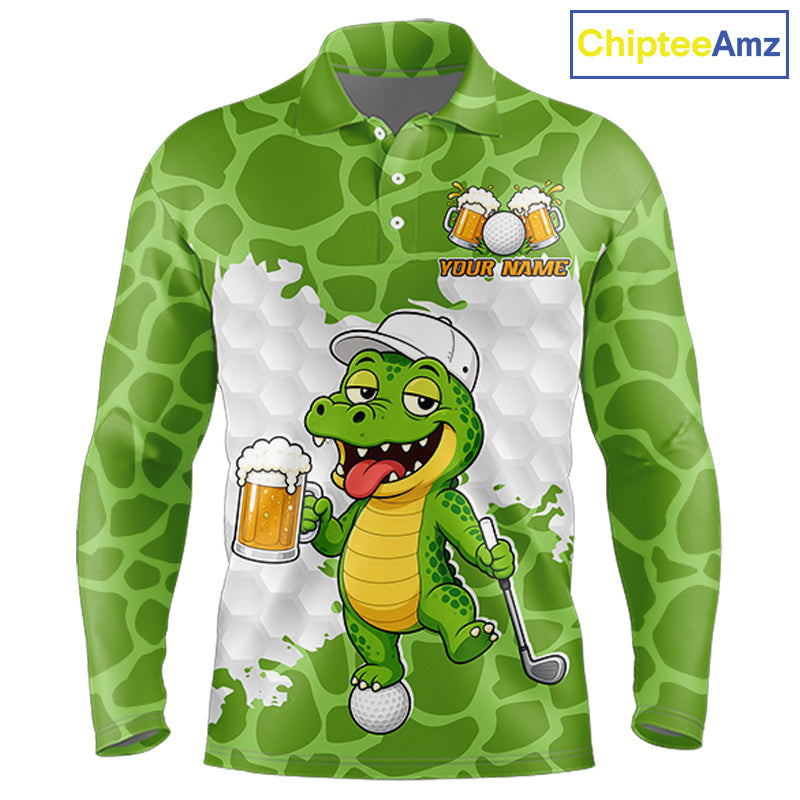 Custom Funny Alligator Drinking Beer Golf Polo Shirt Personalized Team Uniform