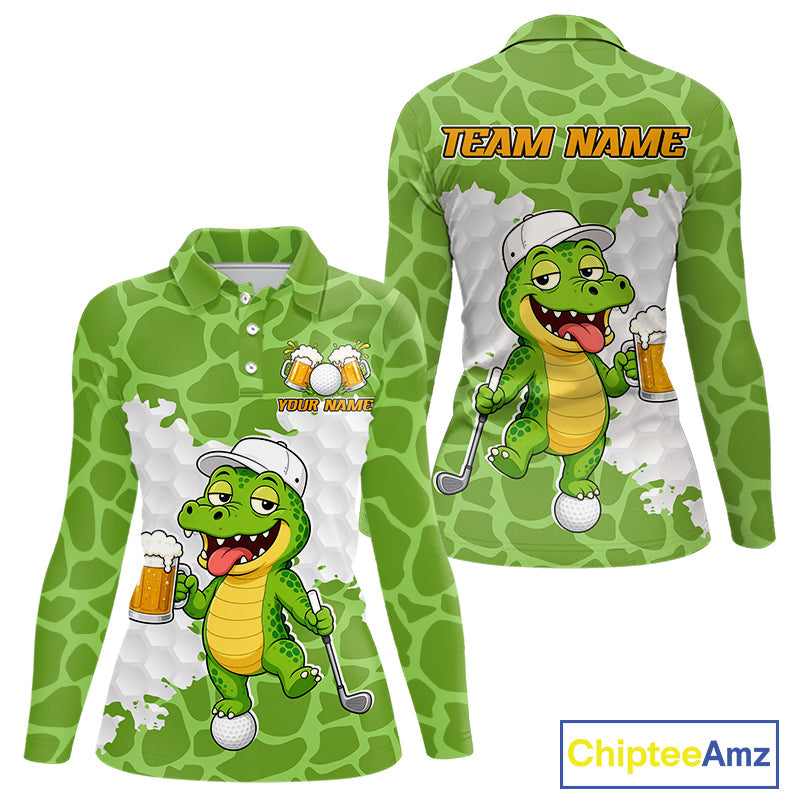 Custom Funny Alligator Drinking Beer Golf Polo Shirt Personalized Team Uniform