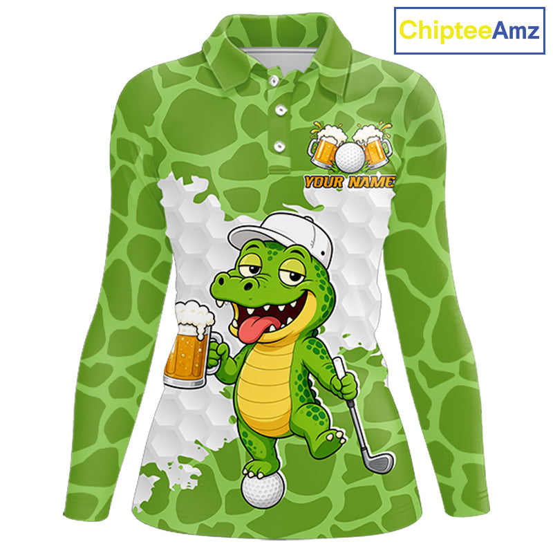 Custom Funny Alligator Drinking Beer Golf Polo Shirt Personalized Team Uniform
