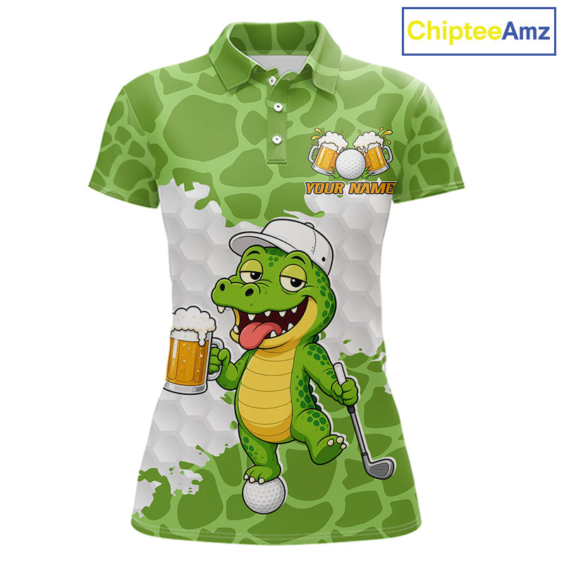 Custom Funny Alligator Drinking Beer Golf Polo Shirt Personalized Team Uniform