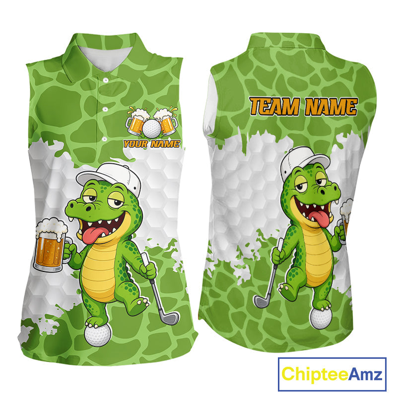 Custom Funny Alligator Drinking Beer Sleeveless Golf Polo Shirt Personalized Team Uniform