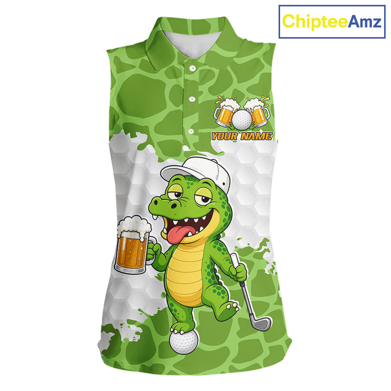 Custom Funny Alligator Drinking Beer Sleeveless Golf Polo Shirt Personalized Team Uniform