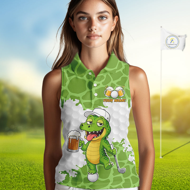 Custom Funny Alligator Drinking Beer Sleeveless Golf Polo Shirt Personalized Team Uniform