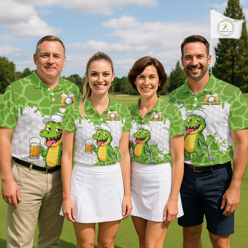 Custom Funny Alligator Drinking Beer Golf Polo Shirt Personalized Team Uniform
