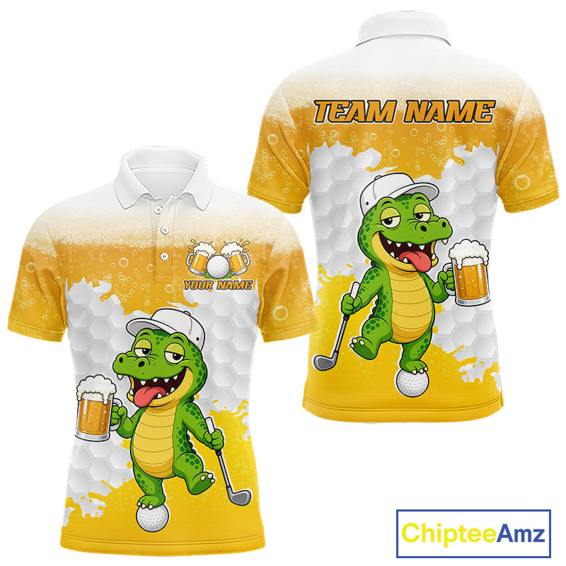 Custom Funny Alligator Drinking Beer Golf Polo Shirt Personalized Team Uniform